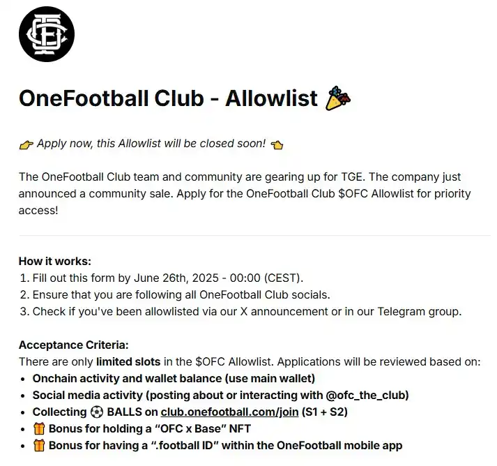 Image from Shahzaib ALi: *OneFootball Club Airdrop Important Update - Allowlist 🎉*  👉 Apply n...
