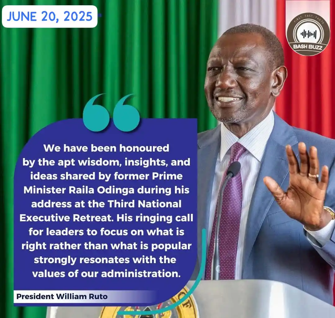 Image from BashBuzz: President William Ruto has lauded former Prime Minister Raila Odinga f...