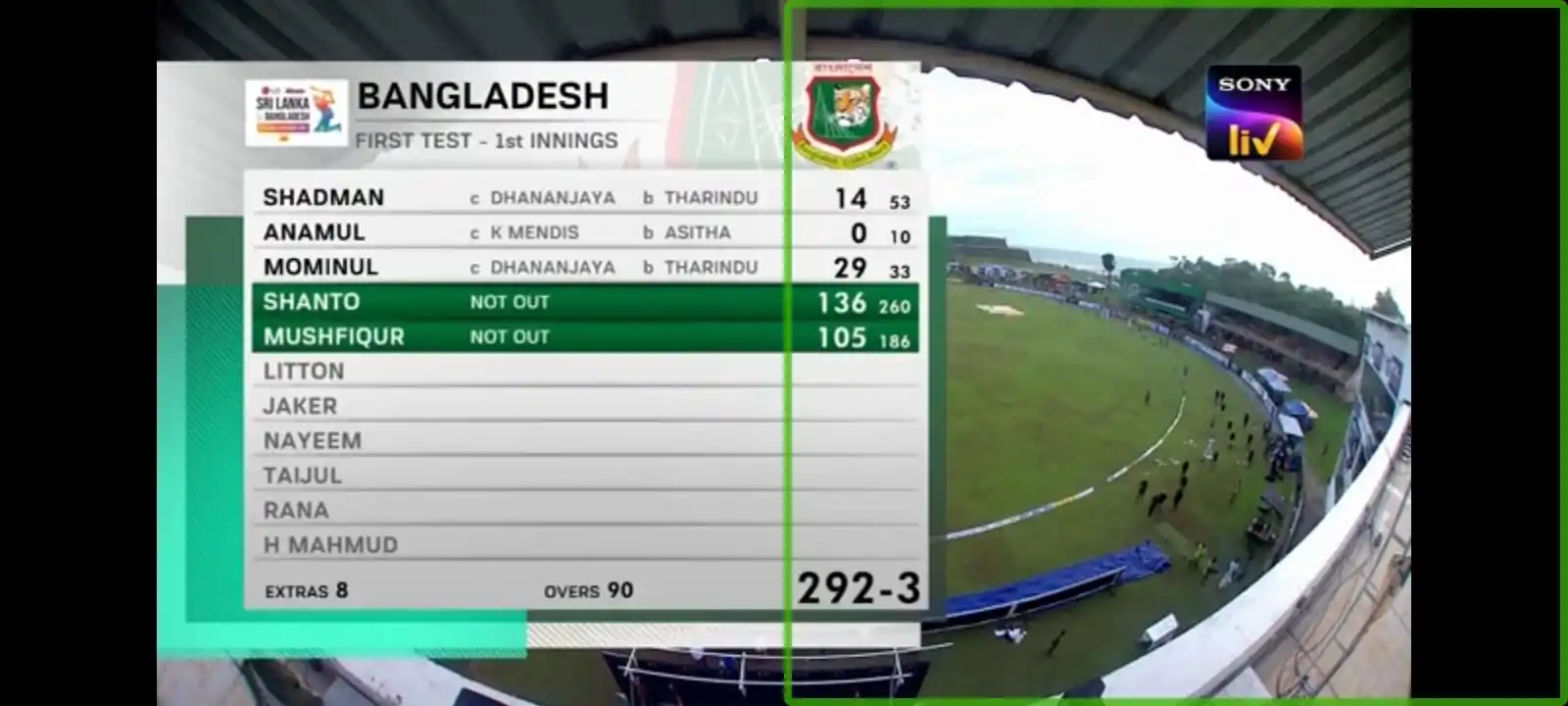 Image from Areeb Cricket World Official: Stumps Day 1: Bangladesh 292/3. Shanto (136*) & Mushfiqur Rahim (105*)...