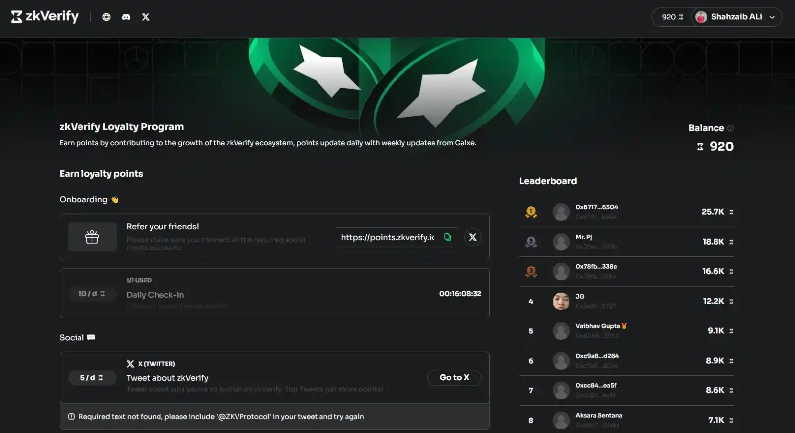 Image from Shahzaib ALi: *zkVerify Airdrop Update*🚨  Now you can earn zkverify points by daily...