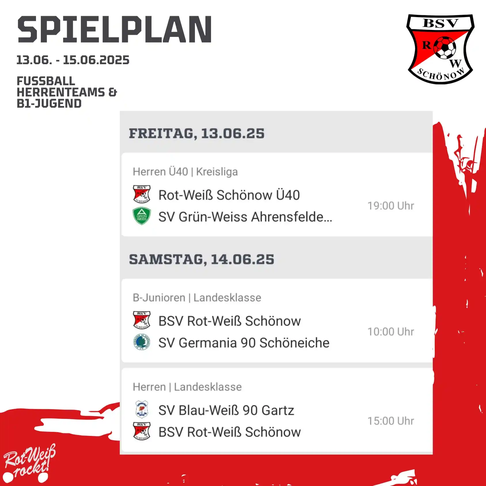 Image from BSV Rot Weiß Schönow: ⚽️ Die Spiele am Wochenende 🔴⚪  Viele Teams haben ihre offizielle Pfl...