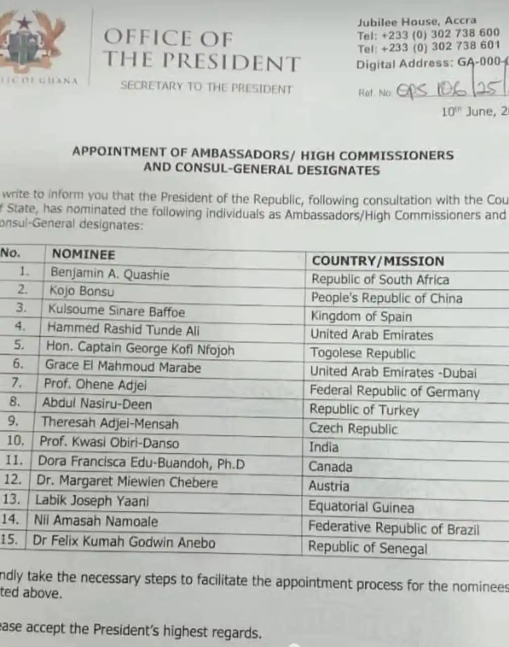 Image from TOP GHANA NEWS HEADLINES: Just In :  President John has announced his first appointment of Ambas...