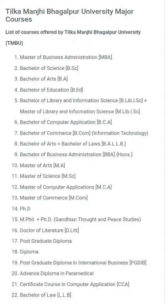Image from TILK'A MANJHI BHAGALPUR UNIVERSITY, BHAGALPUR, BIHAR (812007): 💁List of degrees and duration of courses offered by Tilka Manjhi Bhag...