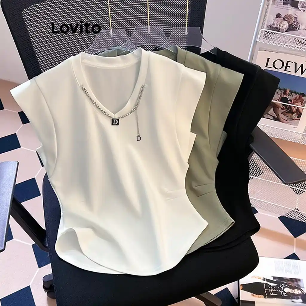 Image from BABI FINDS: 🔥 Lovito Camiseta Casual Lisa Básica Para Mulheres LNE29126 (Branco/V...