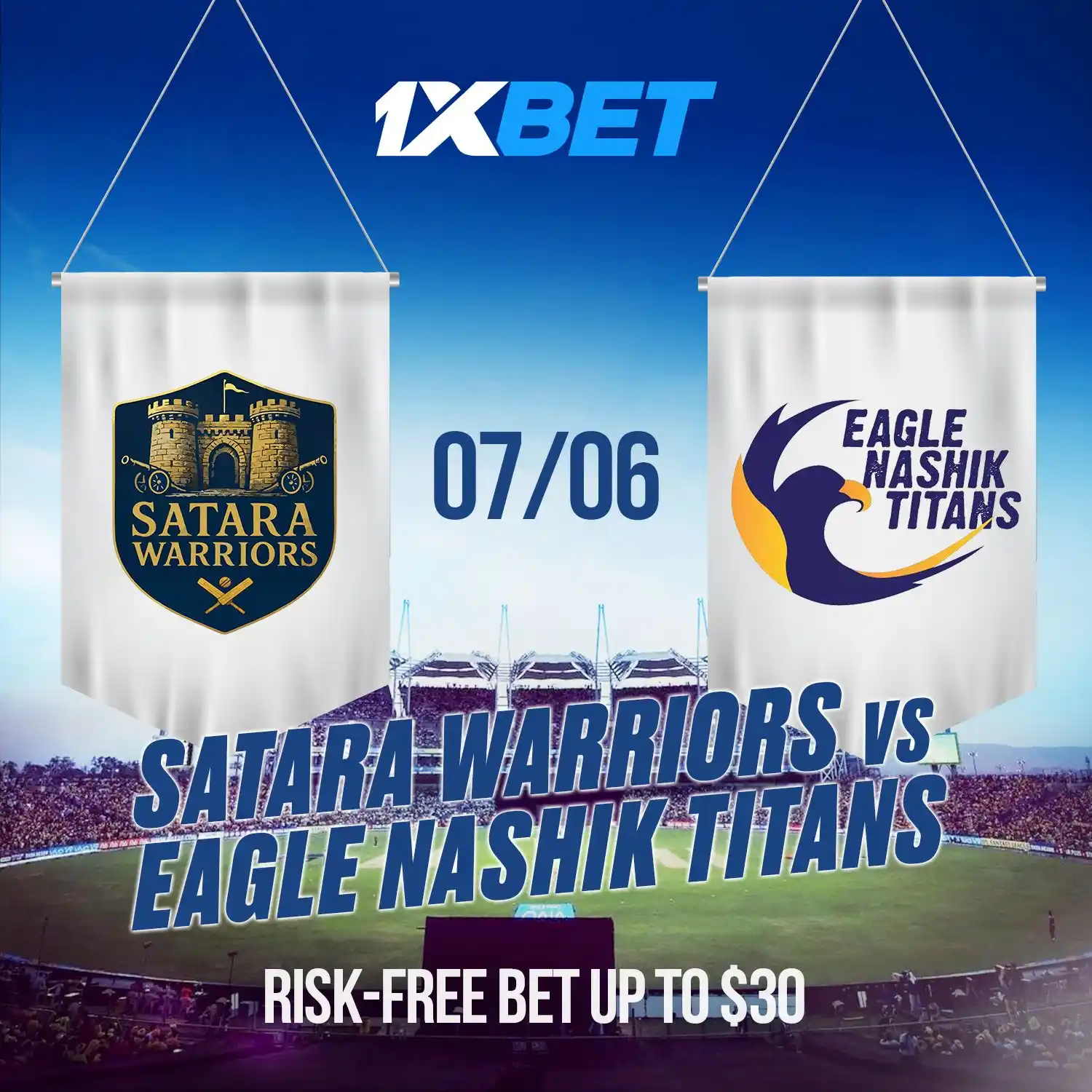 Image from 1xBet India 🇮🇳 : 🍀 Risk-Free Bet: Satara Warriors vs Eagle Nashik Titans! 🏏  MPL 2025...
