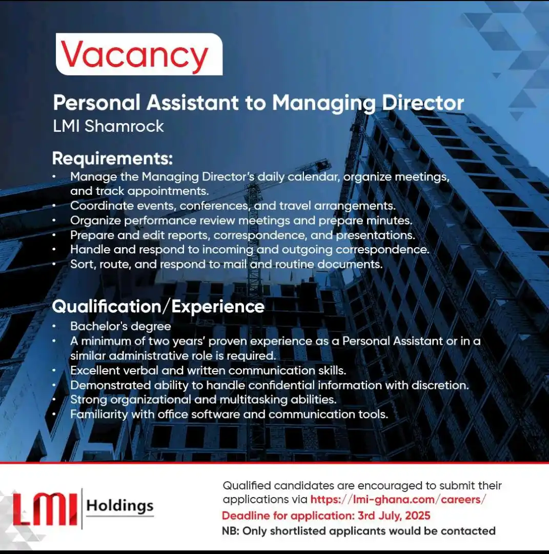 Image from SAMUEL OTOO: *Vacancy: Personal Assistant to Managing Director* Are you a highly o...