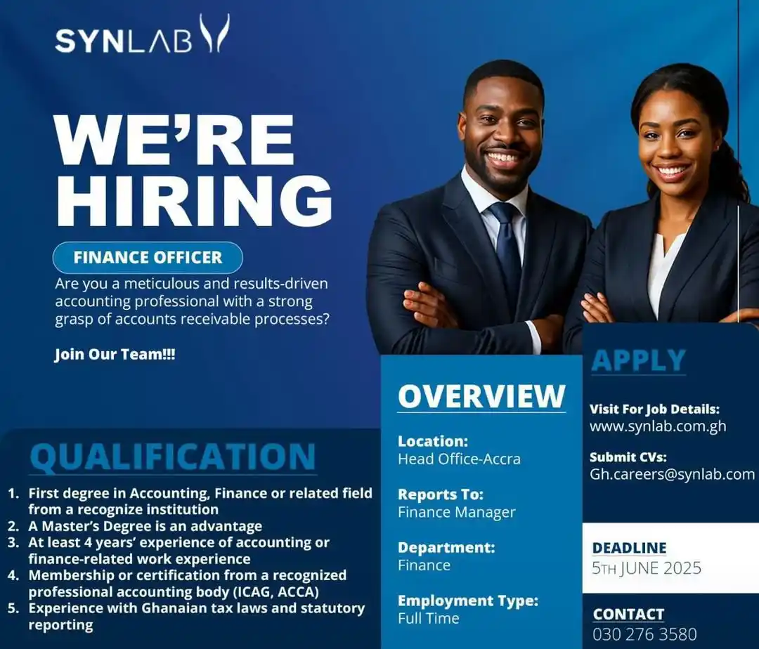 Image from SAMUEL OTOO: We're Hiring! Join SYNLAB Ghana as a Finance Officer. Are you a met...