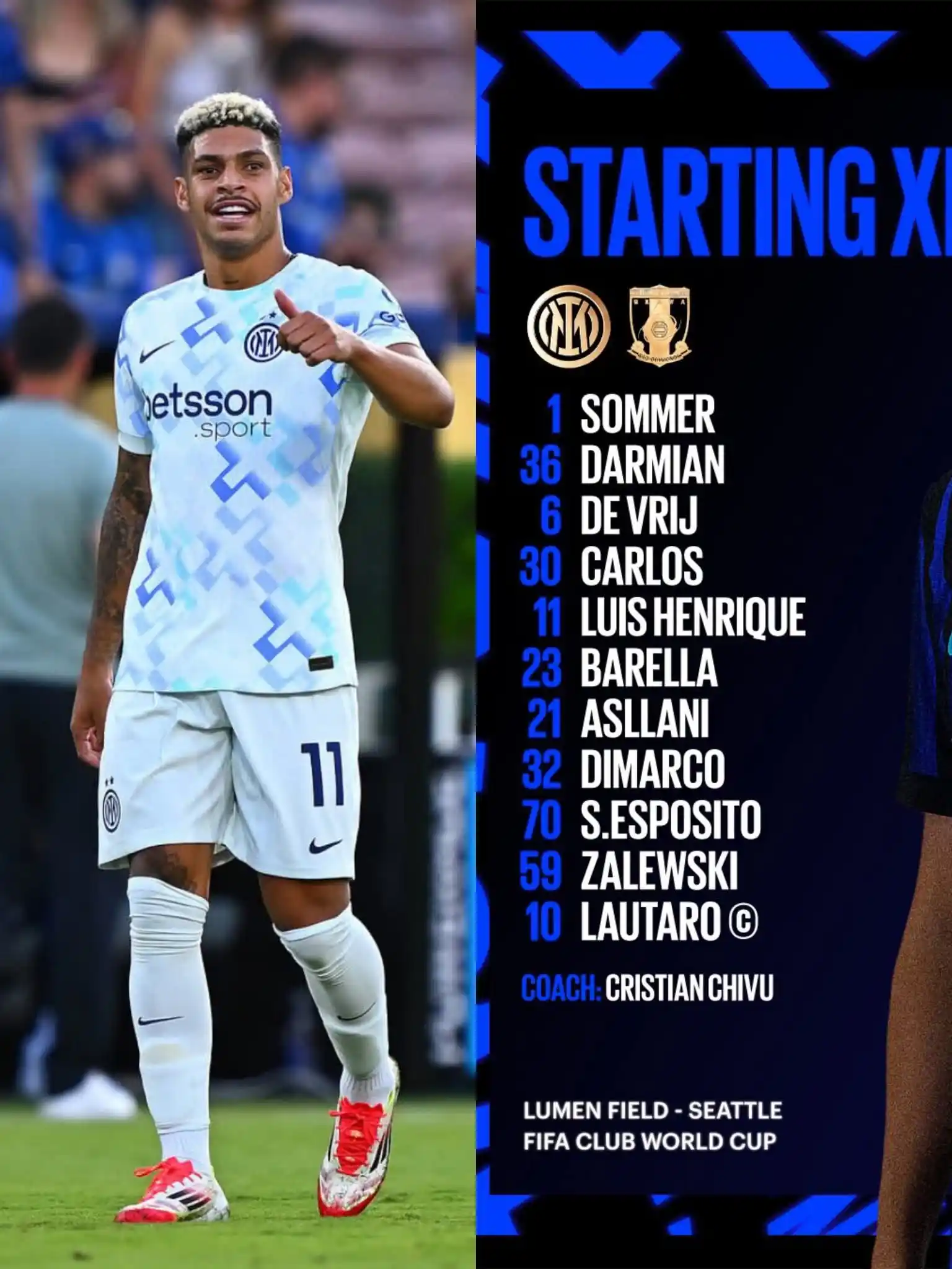 Image from BRAZIL FANS KERALA: 🇧🇷 Luis Henrique is in Inter Milan's starting XI for the FIRST TIME....