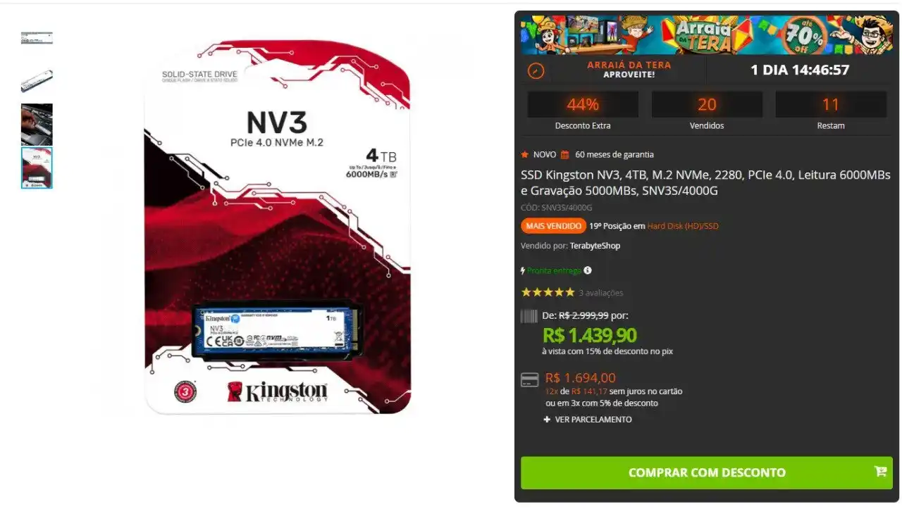 Image from PC DO RAFA OFERTAS: Kingston NV3 4TB 6000 MB/s - 11 Peças restantes  R$ 1439  https://www....
