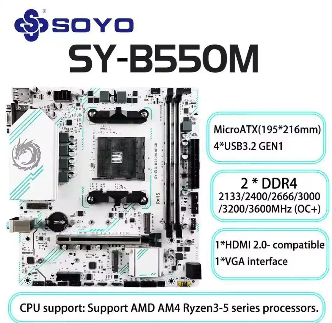 Image from PC DO RAFA OFERTAS: PLACA MÃE B550M SOYO BRANCA PCIE 4.0 2X NVME E ARGB   R$ 397 Cupom: BR...