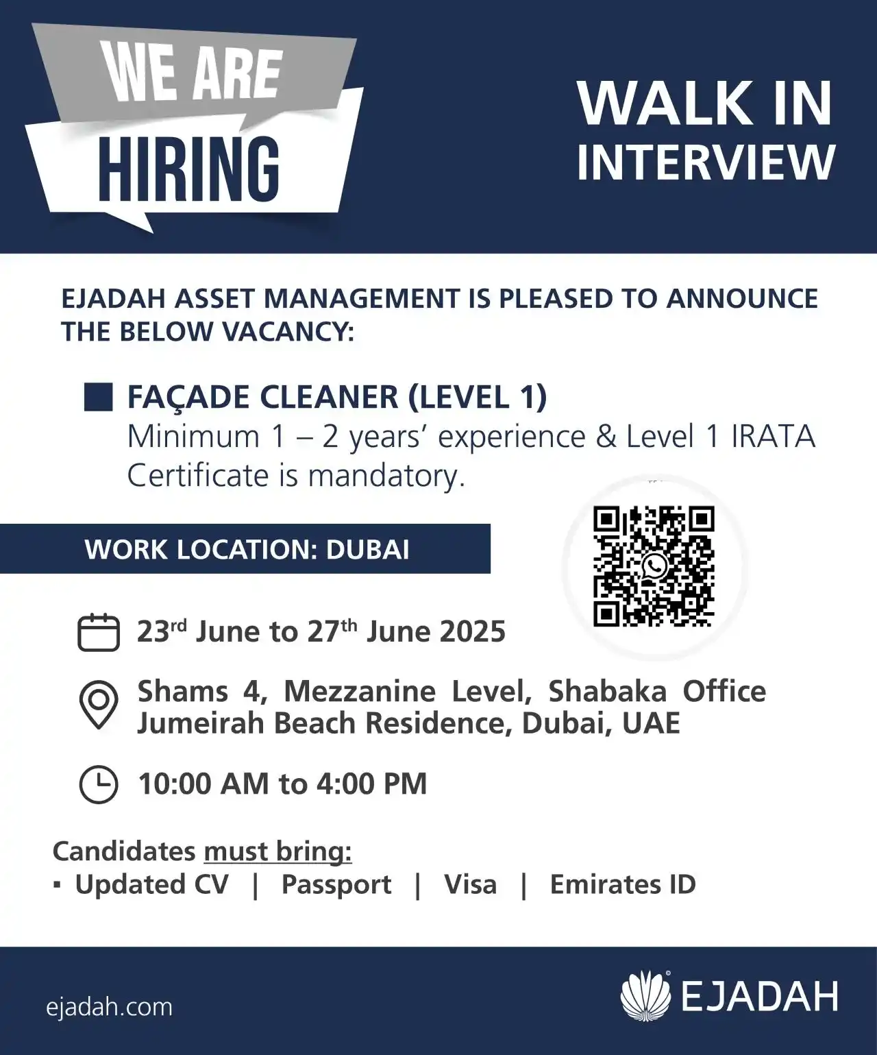 Image from Vacancies In Gulf👔: _Posting Date: 22.06.2025_ *We’re Hiring: Façade Cleaner (Level 1)* ...