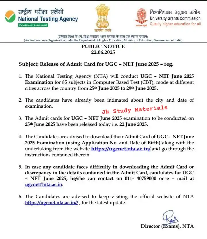 Image from Jk Study Materials: ⤵️ *Admit Cards for UGC-NET June 2025 (25th June-29th June) released*...
