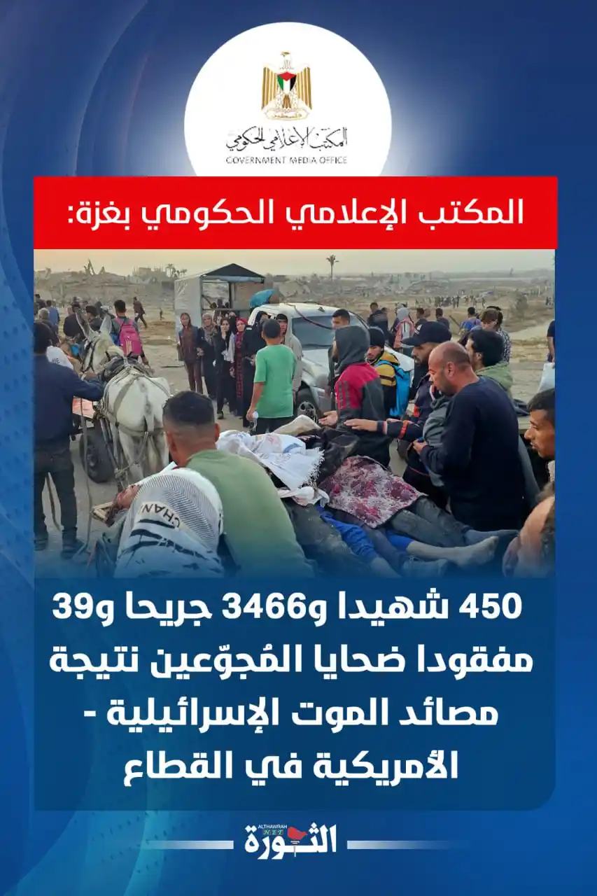 Image from صحيفة الثورة اليمنية: 🔴 المكتب الإعلامي الحكومي بغزة: 450 شهيدا و3466 جريحا و39 مفقودا ضحاي...