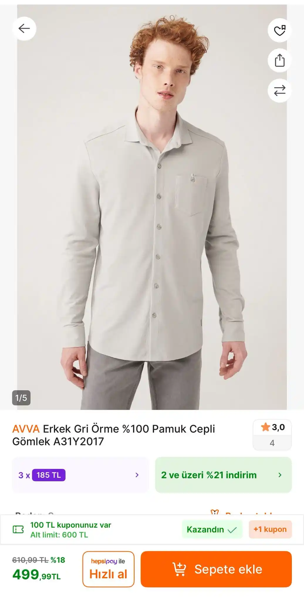 Image from TREND İNDİRİMLER: AVVA Erkek Gri Örme %100 Pamuk Cepli Gömlek   🔗 https://app.hb.biz/AH...