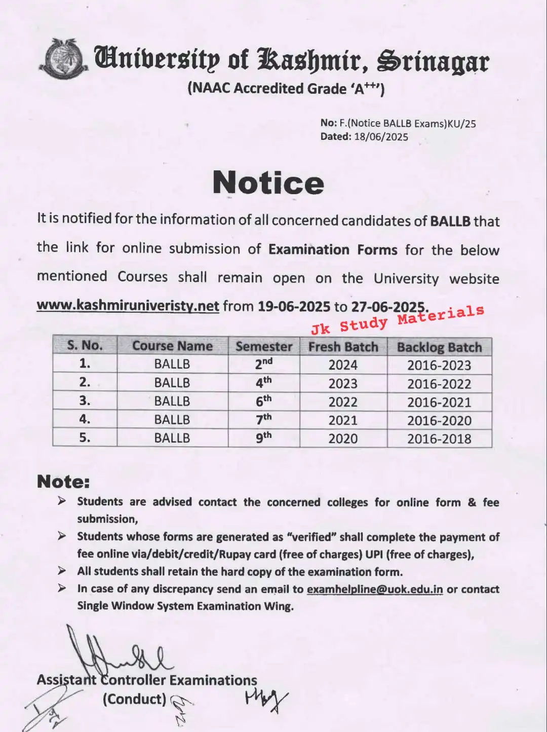 Image from Jk Study Materials: *Ba llb Exam form Submission- 2nd, 4th, 6th, 7th and 9th Semester Kash...