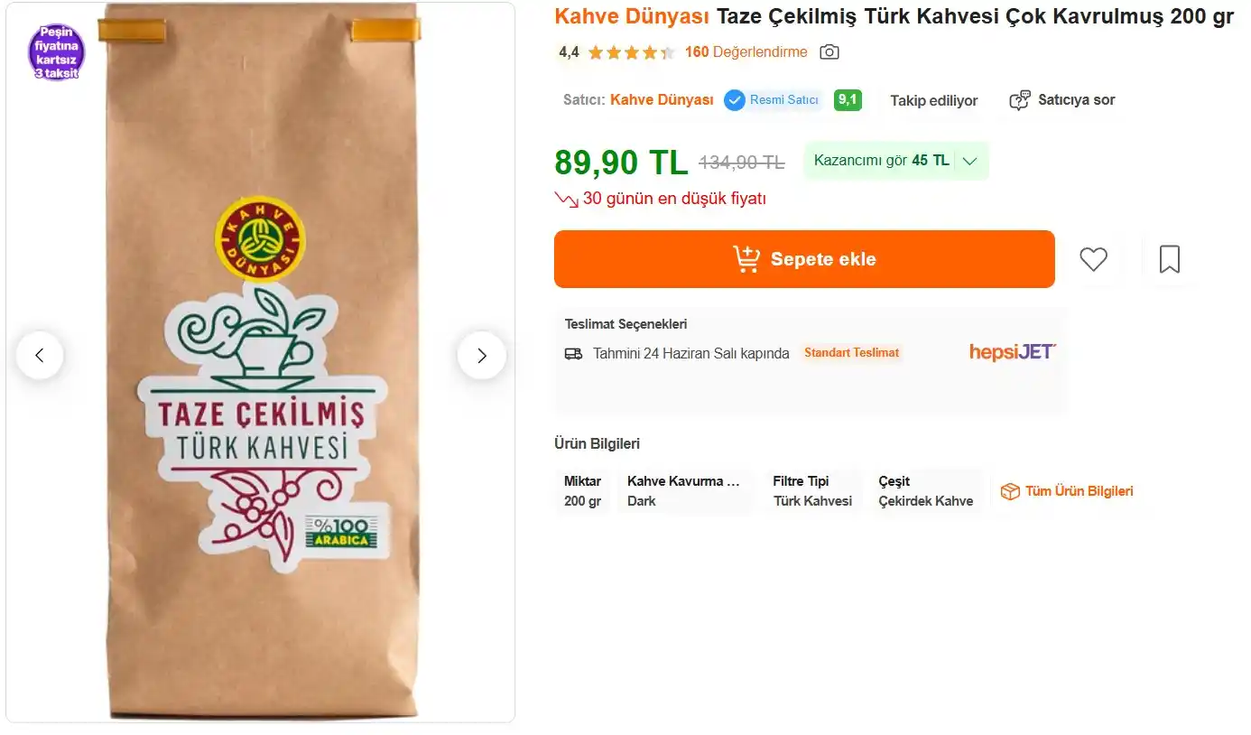 Image from TREND İNDİRİMLER: 📢 Kahve Dünyası Taze Çekilmiş Türk Kahvesi Çok Kavrulmuş 200 gr 💵 8...
