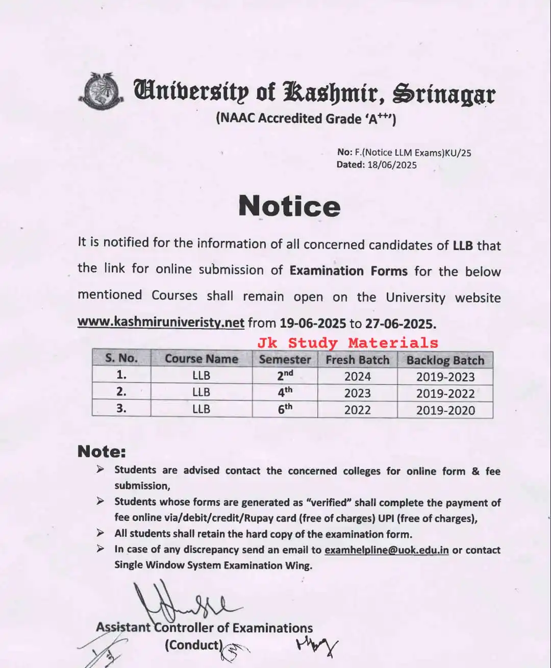 Image from Jk Study Materials: *LLB Exam form Submission- 2nd, 4th and 6th Semester- Kashmir Universi...