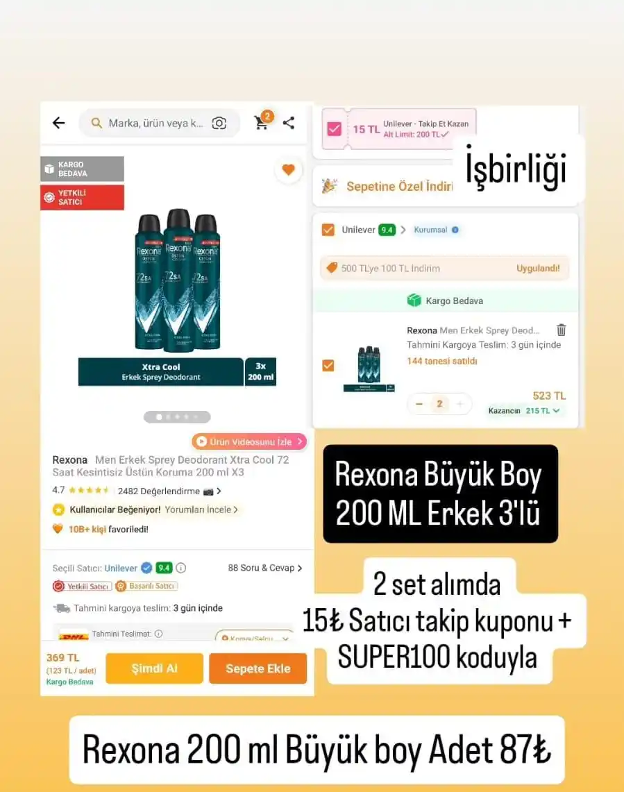 Image from TREND İNDİRİMLER: Rexona Men 200 ml Büyük Boy Erkek Deodorant 3'lü paket Rexona adet 8...