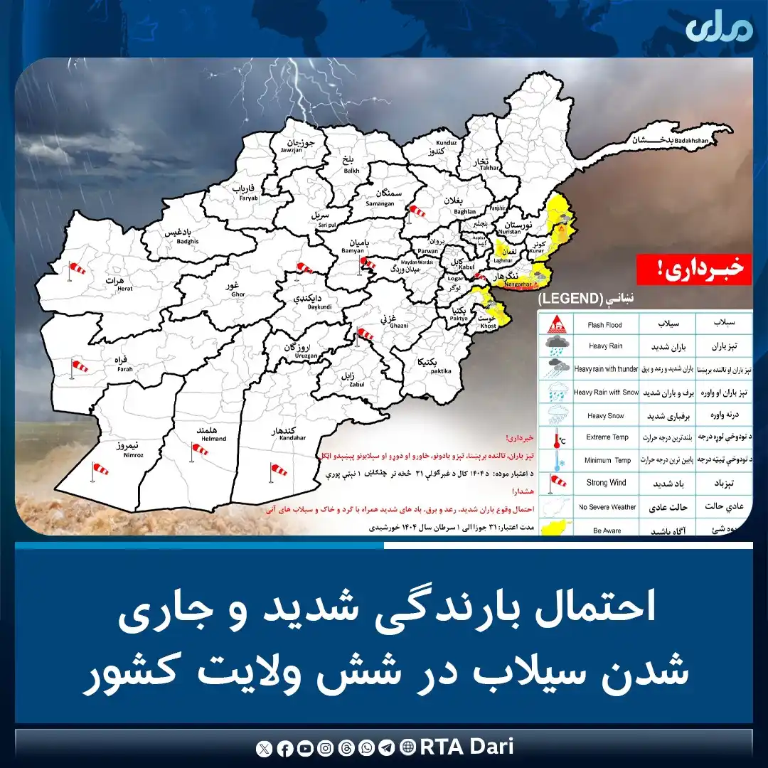 Image from RTA Dari: ریاست هواشناسی وزارت ترانسپورت و هوانوردی از احتمال بارندگی‌های شدید، ...