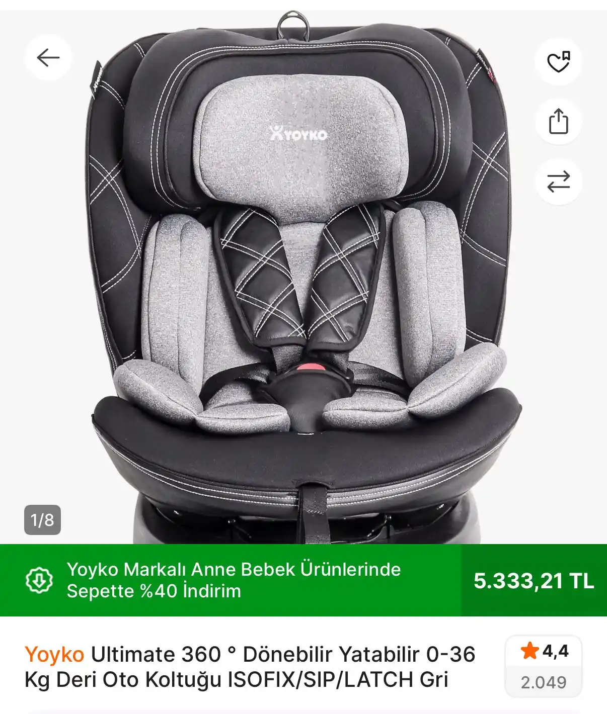 Image from TREND İNDİRİMLER: Yoyko Ultimate 360 ° Dönebilir Yatabilir 0-36 Kg Deri Oto Koltuğu ISOF...